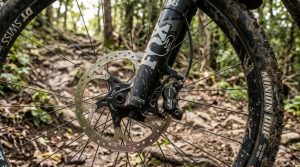 A grey hardtail mountain bike resting on a dirt path against mountains.