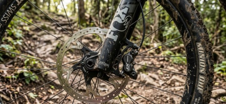 A grey hardtail mountain bike resting on a dirt path against mountains.