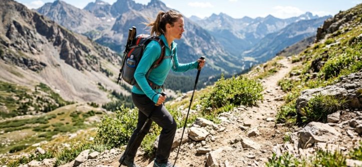 A person hiking a sunny trail wearing a cooling long sleeve sun shirt.