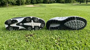 Two golf shoes side by side showing rubber lugs and plastic cleats