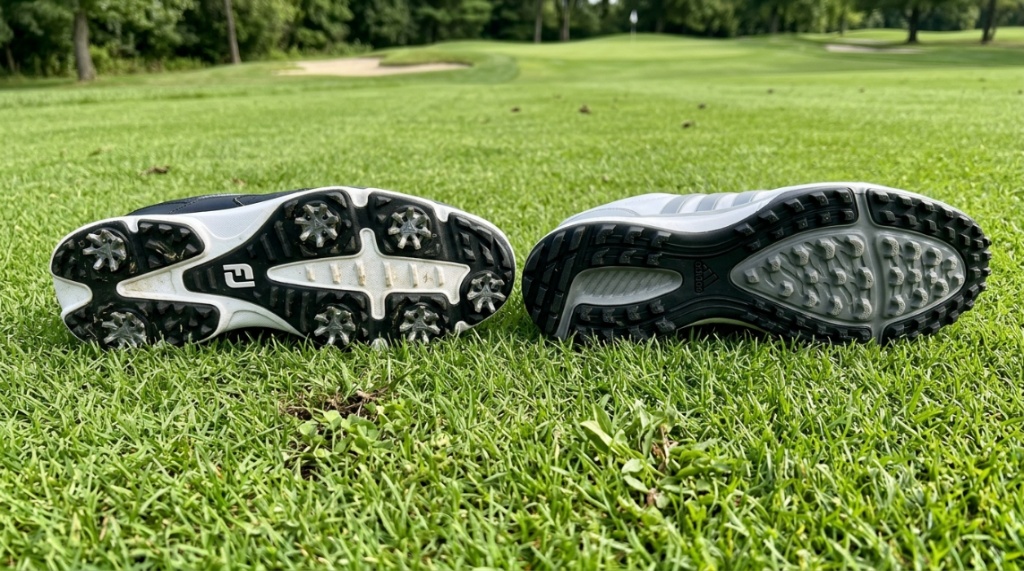 Two golf shoes side by side showing rubber lugs and plastic cleats