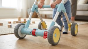 Close up of rubber wheels with speed control tension adjustment on a baby walker.