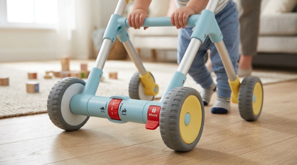 Close up of rubber wheels with speed control tension adjustment on a baby walker.