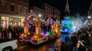 Salem Haunted Happenings Grand Parade floats moving through downtown Salem at night