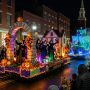 Salem Haunted Happenings Grand Parade floats moving through downtown Salem at night