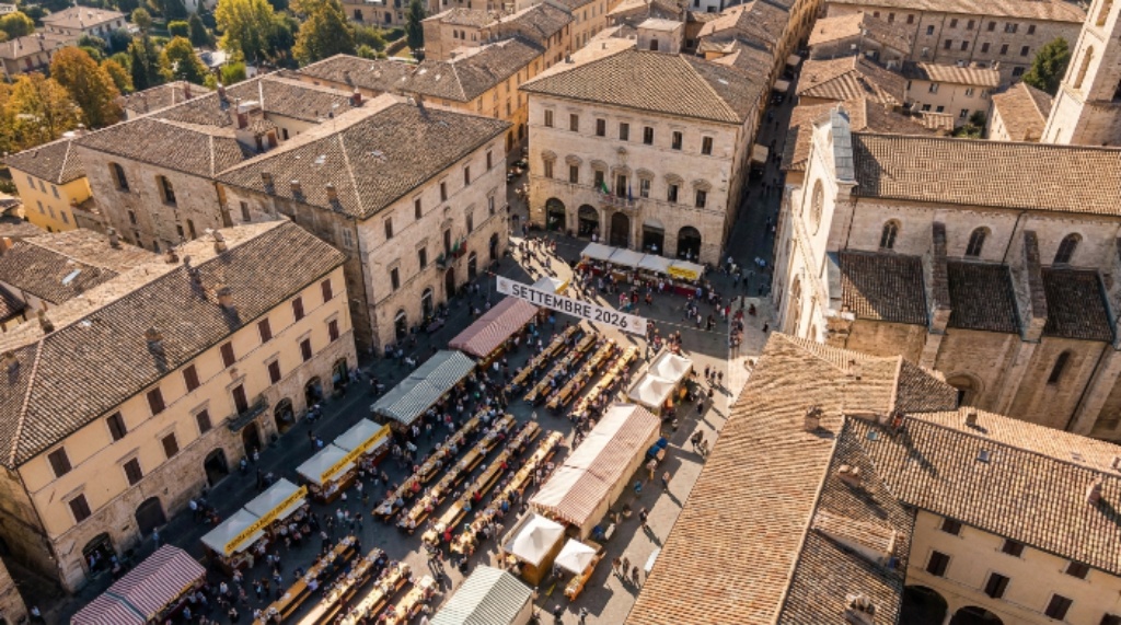 Aerial view of Foligno historic center during pasta festival September 2026