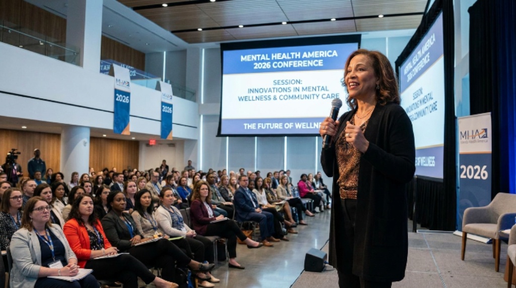 Speaker presenting at Mental Health America 2026 conference session on mental wellness