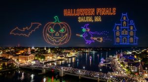 Halloween finale drone show over North River Salem Massachusetts night sky