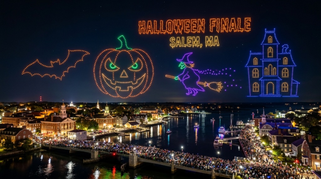 Halloween finale drone show over North River Salem Massachusetts night sky