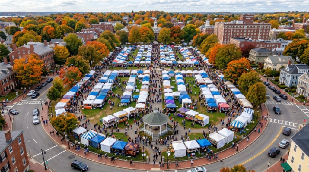 Aerial view of Salem Common filled with vendor tents during Haunted Happenings
