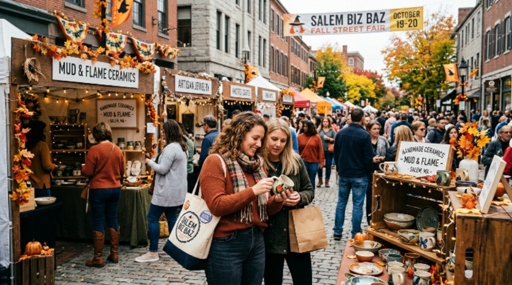 Shoppers browsing handmade crafts at Salem Biz Baz fall street fair
