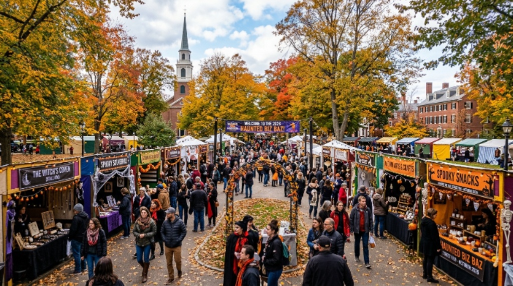Open-air vendor stalls at the Salem Haunted Biz Baz Street Fair on Salem Common surrounded by autumn foliage during the October 2026 Haunted Happenings festival
