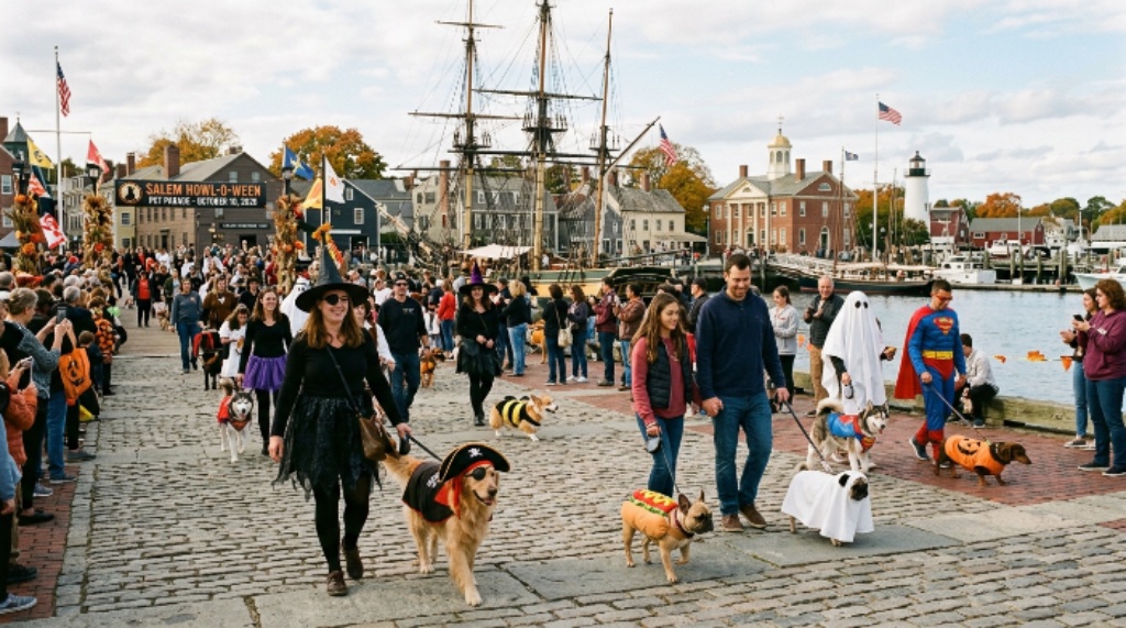 Costumed pets and their owners parading along Derby Wharf during the Salem Howl-o-ween Pet Parade on October 10, 2026, with Salem's historic waterfront in the background