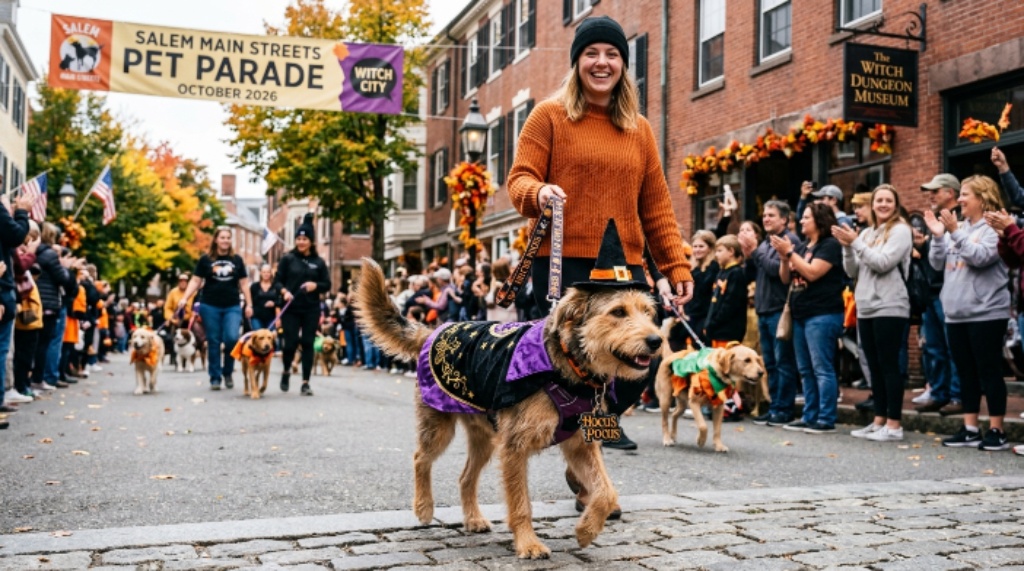 Dog in Halloween costume at Salem Main Streets pet parade October 2026