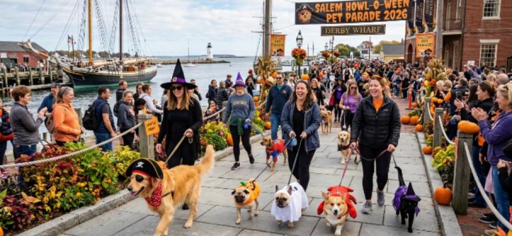 Costumed pets parading along Derby Wharf at Salem Howl-o-ween Pet Parade 2026