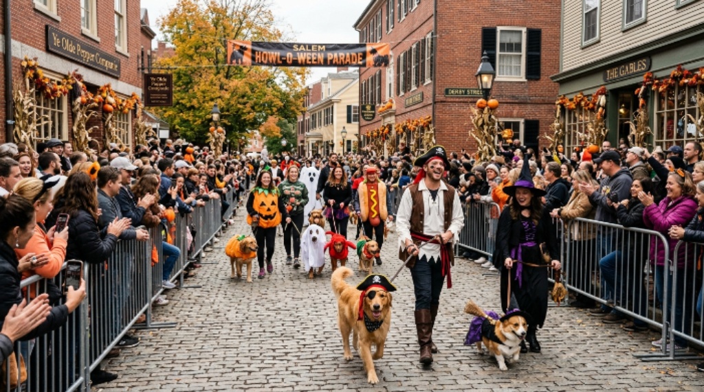 Crowds watching costumed animals at Salem Howl-o-ween parade Derby Street