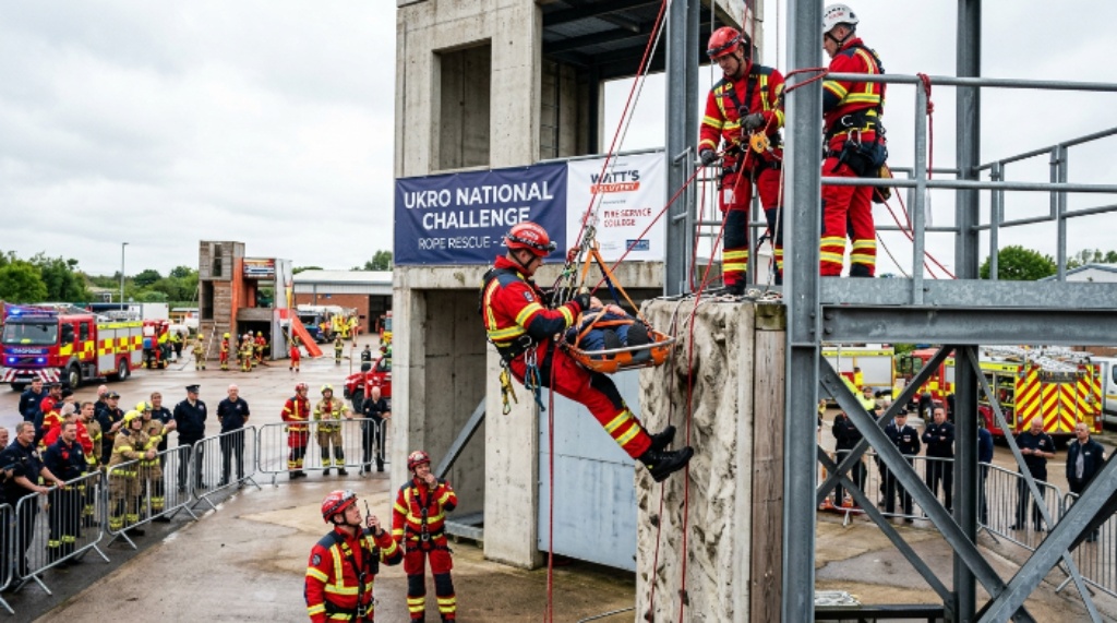 Fire rescue professionals performing rope rescue scenario at UKRO challenge