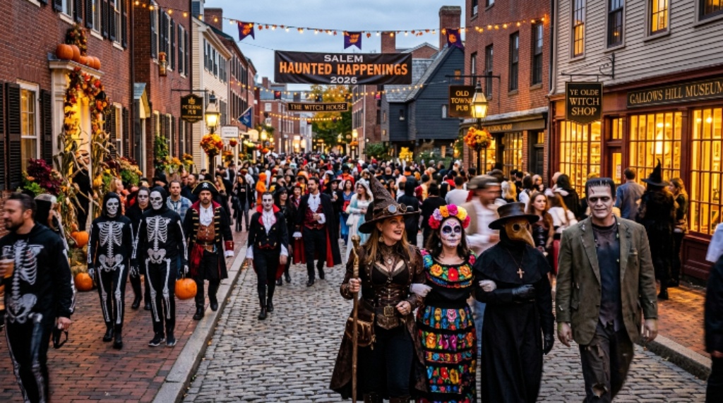 Costumed visitors walking along Derby Street Salem during Haunted Happenings 2026