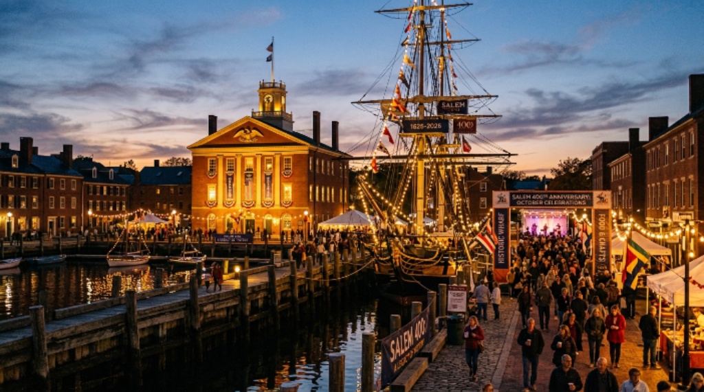 Salem Maritime National Historic Site at dusk during Salem 400th anniversary October celebrations