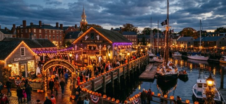 Salem waterfront at Pickering Wharf decorated for October Halloween season 2026