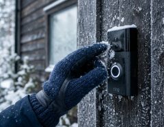 Photorealistic close-up of a person's gloved hand gently brushing frost and snow away from a modern video doorbell mounted on a dark wooden exterior wall on a chilly winter morning, soft natural daylight, shallow depth of field, commercial lifestyle product photography.
