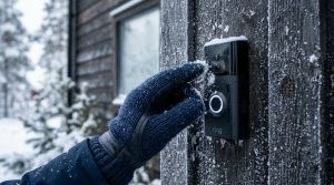 Photorealistic close-up of a person's gloved hand gently brushing frost and snow away from a modern video doorbell mounted on a dark wooden exterior wall on a chilly winter morning, soft natural daylight, shallow depth of field, commercial lifestyle product photography.
