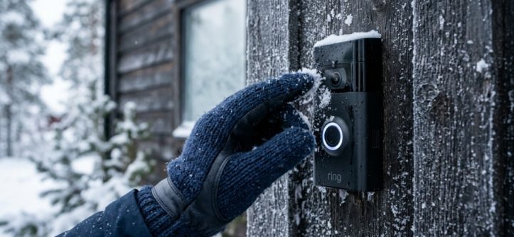 Photorealistic close-up of a person's gloved hand gently brushing frost and snow away from a modern video doorbell mounted on a dark wooden exterior wall on a chilly winter morning, soft natural daylight, shallow depth of field, commercial lifestyle product photography.
