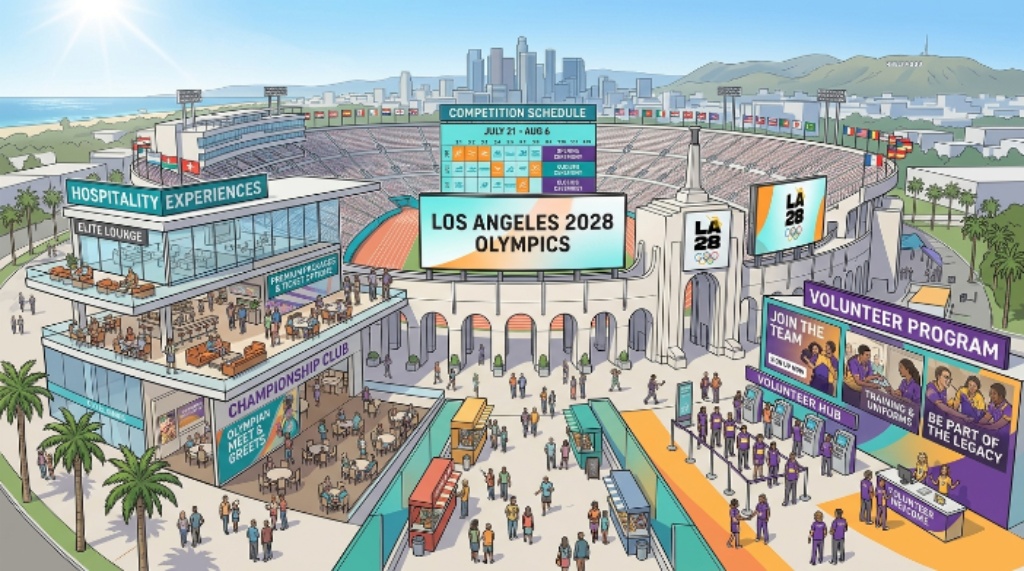 Los Angeles 2028 Olympics stadium showcasing the competition schedule, hospitality experiences, and volunteer program