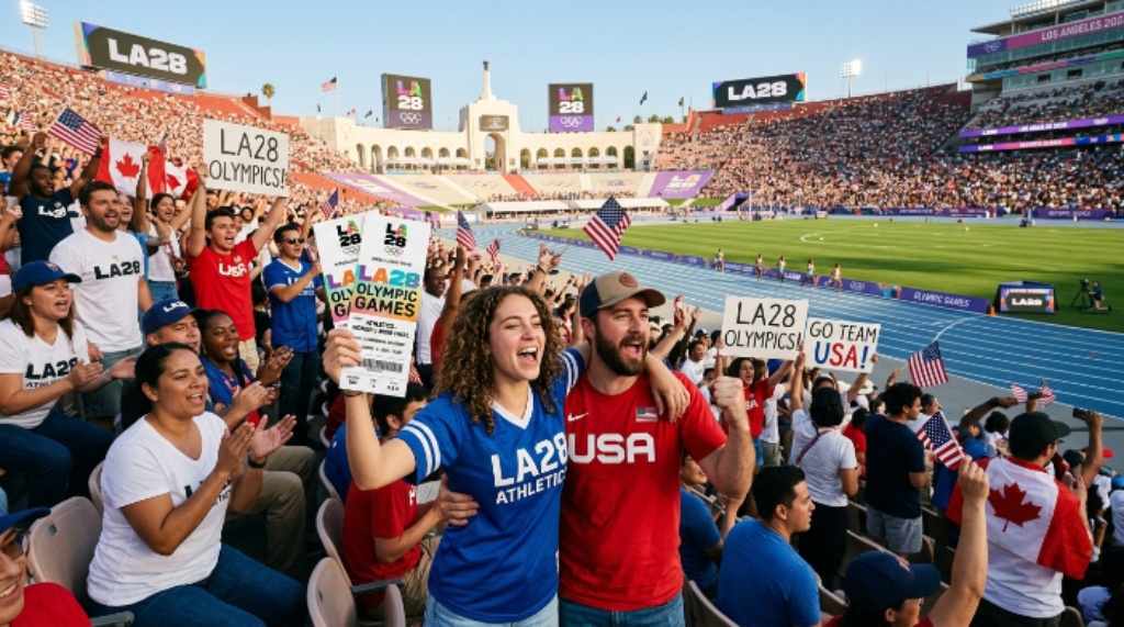 Fans celebrating at an Olympic venue during the LA28 Olympics 2028 with ticket and event details