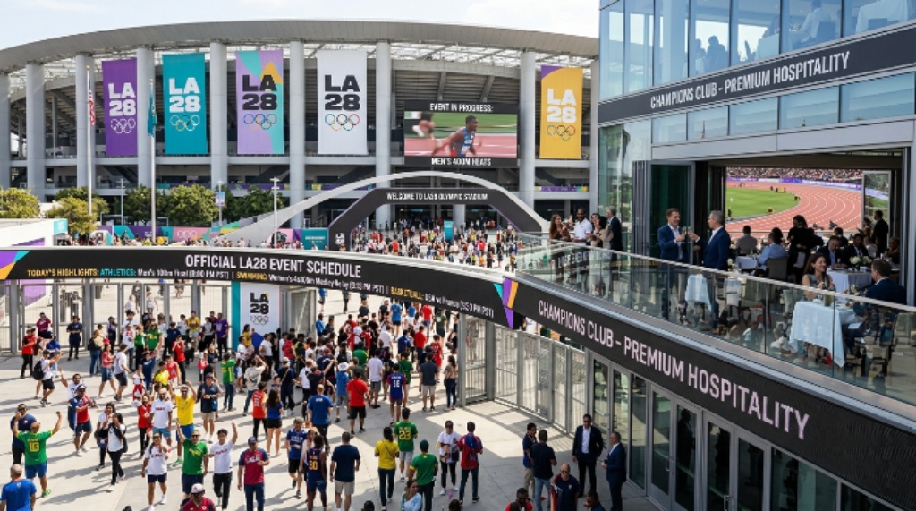 Official LA28 Olympics 2028 venue showcasing fans, event schedule, and premium hospitality experience.