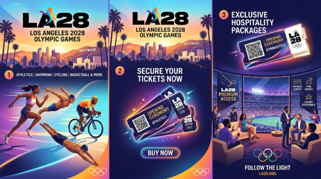 Los Angeles 2028 Olympic Games banner featuring tickets, sports events, and hospitality packages