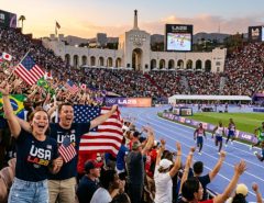 Spectators cheering during the LA28 Olympics 2028 with athletes competing in a packed stadium