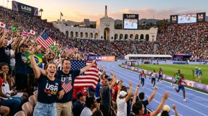 Spectators cheering during the LA28 Olympics 2028 with athletes competing in a packed stadium
