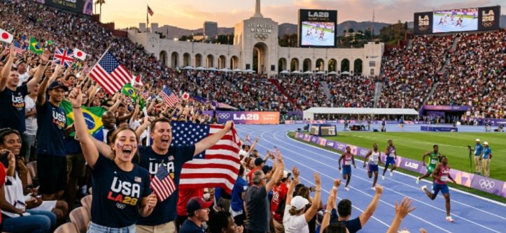 Spectators cheering during the LA28 Olympics 2028 with athletes competing in a packed stadium