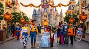 Guests in costumes enjoying Magic Kingdom during the fall Halloween event