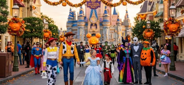 Guests in costumes enjoying Magic Kingdom during the fall Halloween event
