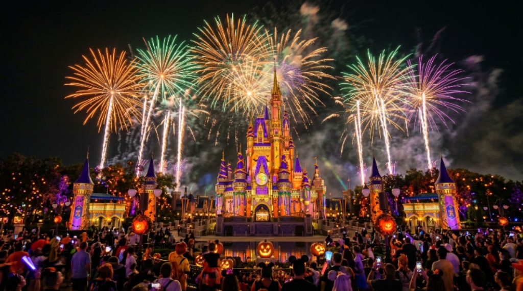 Fireworks display over Cinderella Castle during a Halloween night celebration