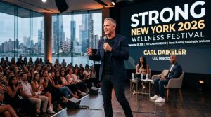 Expert speaker Carl Daikeler on stage at the Strong New York 2026 wellness festival panel at The Glasshouse NYC, September 26, 2026