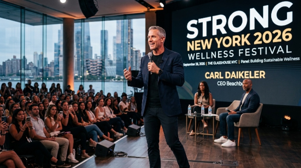 Expert speaker Carl Daikeler on stage at the Strong New York 2026 wellness festival panel at The Glasshouse NYC, September 26, 2026