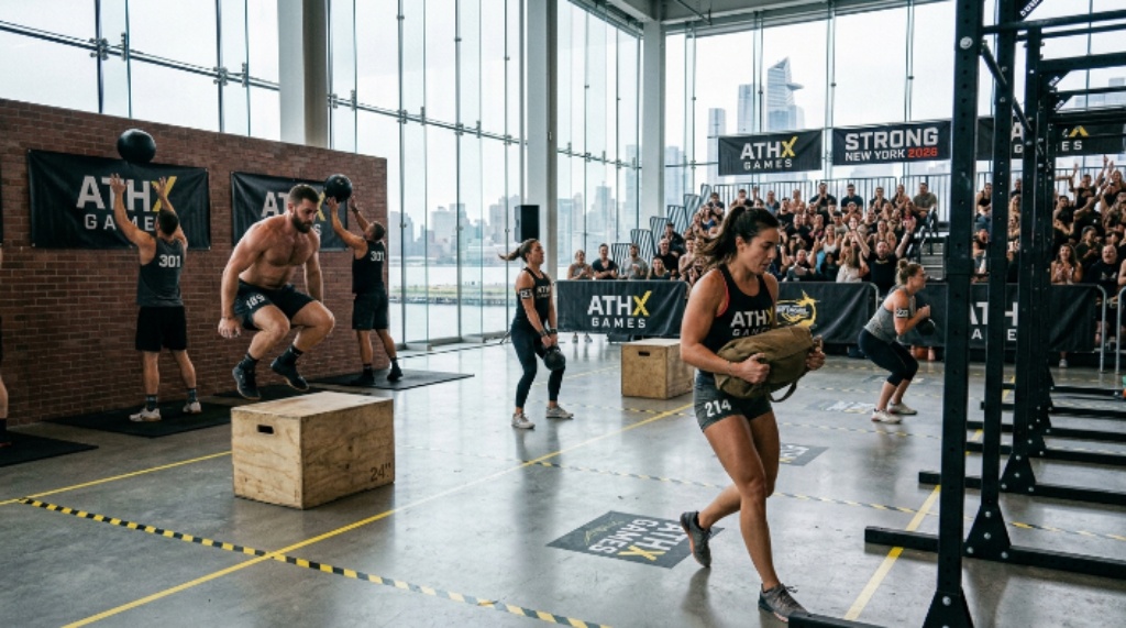 Competitors in the ATHX Games hybrid fitness challenge performing functional fitness movements across the competition floor at Strong New York 2026 at The Glasshouse in Manhattan