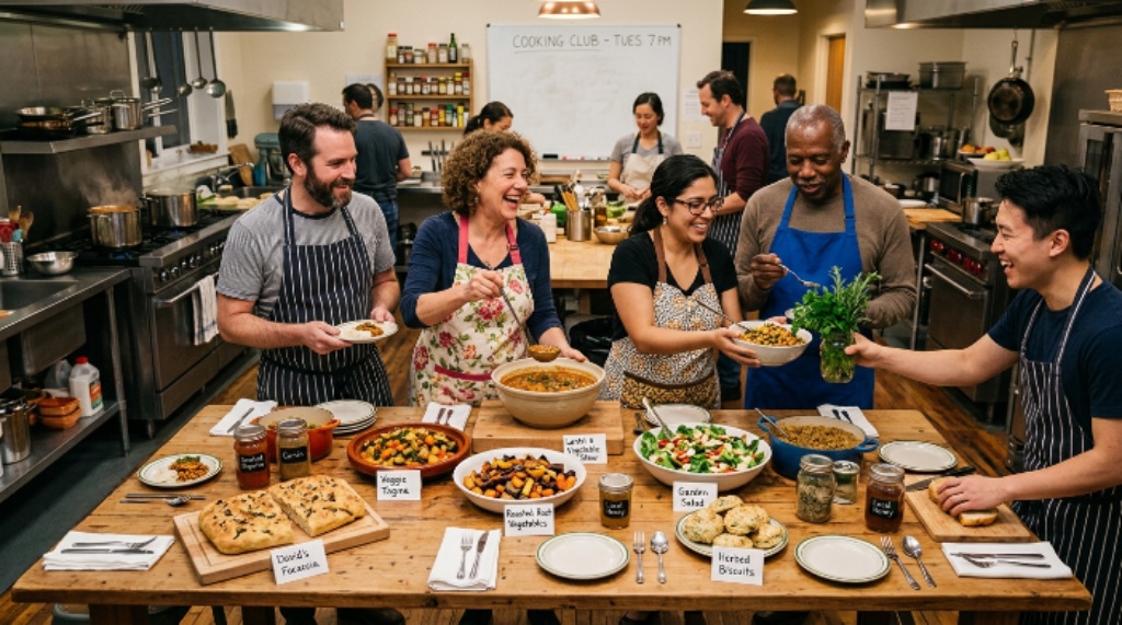 Home cooks sharing ingredients and dishes at a community cooking club