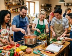 Friends preparing meals together during a cooking club session