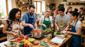 Friends preparing meals together during a cooking club session