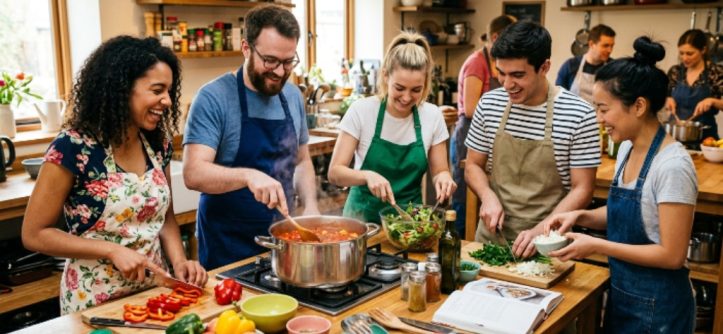 Friends preparing meals together during a cooking club session