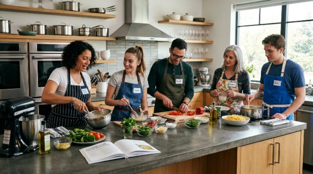 Cooking club members learning recipes in a modern kitchen