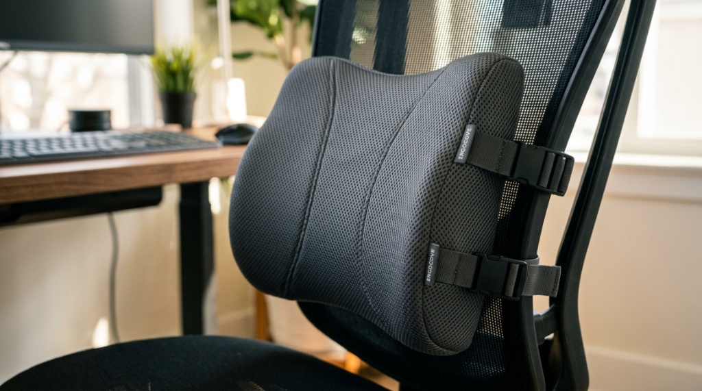Contoured memory foam lumbar pillow attached to an office chair backrest.