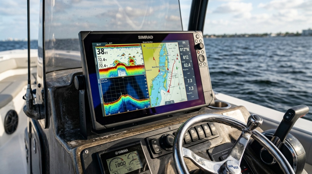 Modern fish finder display showing marine sonar and GPS.