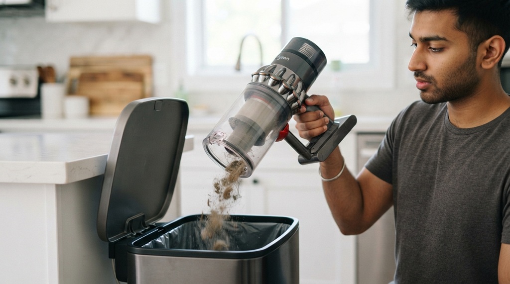 Close-up of a man emptying the dust bin of a handheld vacuum.