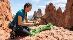 Climber examining a bright climbing rope on Colorado sandstone