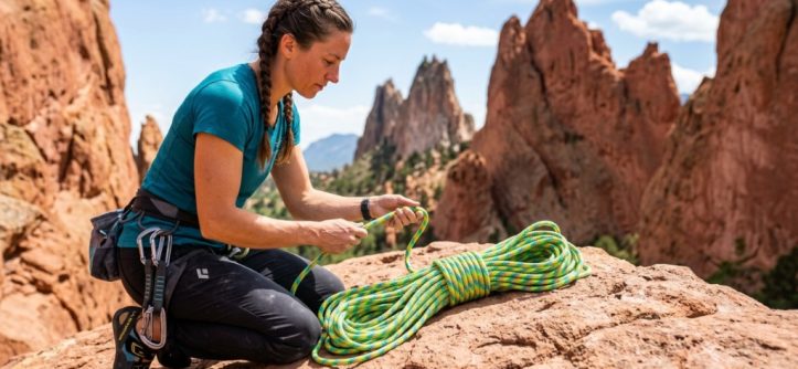 Climber examining a bright climbing rope on Colorado sandstone